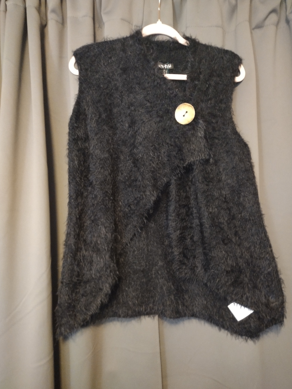 MARBLE Black Fuzzy Sleeveless Cardigan with Decorative Button